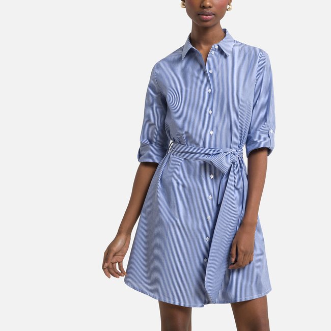 Vestido evasé com mangas 3/4 azul às riscas <span itemprop=