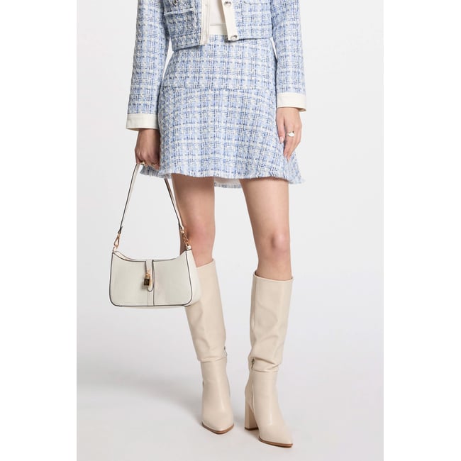 Jupe courte évasée tweed multicolore <span itemprop=