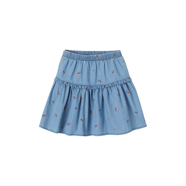 Jupe brodée cerises en denim léger stone <span itemprop=