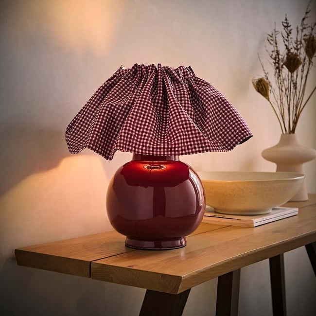 Arlo Ceramic Table Lamp with Gingham Pleat Shade, burgundy, SO'HOME