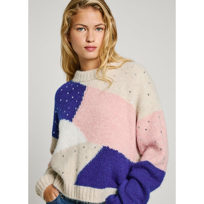 Pull colorblock, col rond beige/rose/bleu <span itemprop=