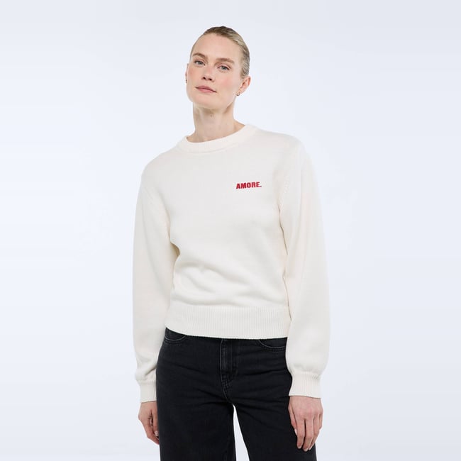 Pull manches longues à jacquard coeur au dos ecru <span itemprop=
