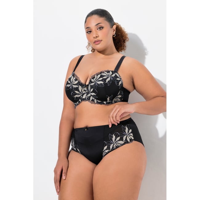 Culotte midi, broderie florale, microfibre noir <span itemprop=