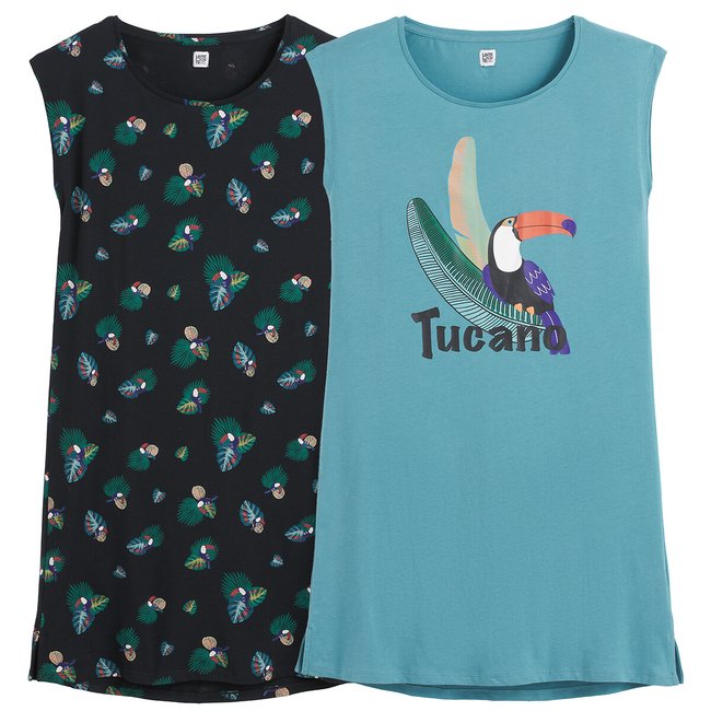 Lot de 2 chemises de nuit en coton bleu + imprimé <span itemprop=