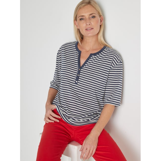 Tee-shirt marinière blanc rayé bleu <span itemprop=