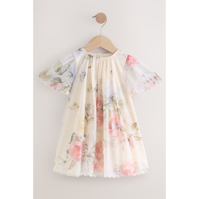 Robe de soirée en mesh à manches courtes rose motif fleurs <span itemprop=
