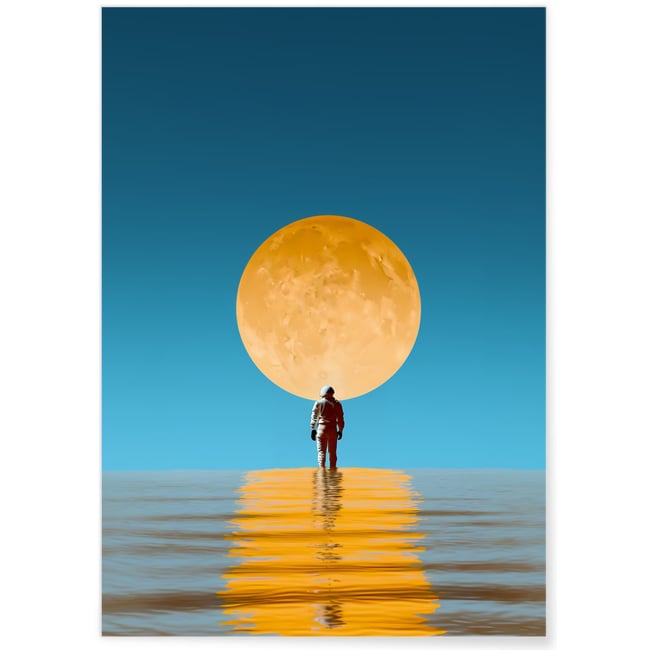Affiche Astronaute face à la Lune Dorée Couleur blanc <span itemprop=
