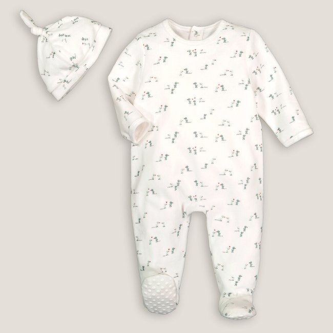 Ensemble pyjama et bonnet en velours ecru <span itemprop=