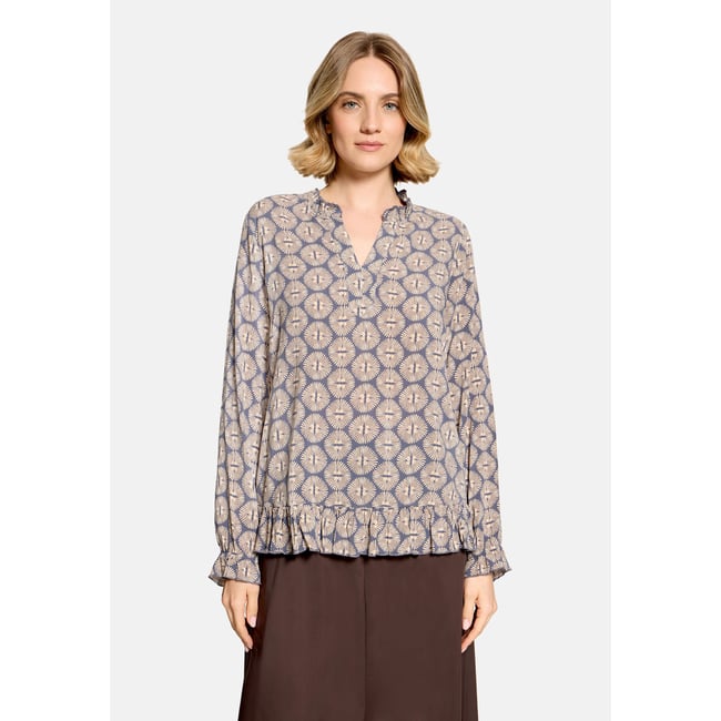 Blouse casual à fronce bleu/beige <span itemprop=