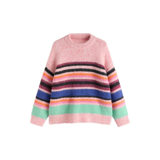 Pull confortable à larges rayures rose <span itemprop=