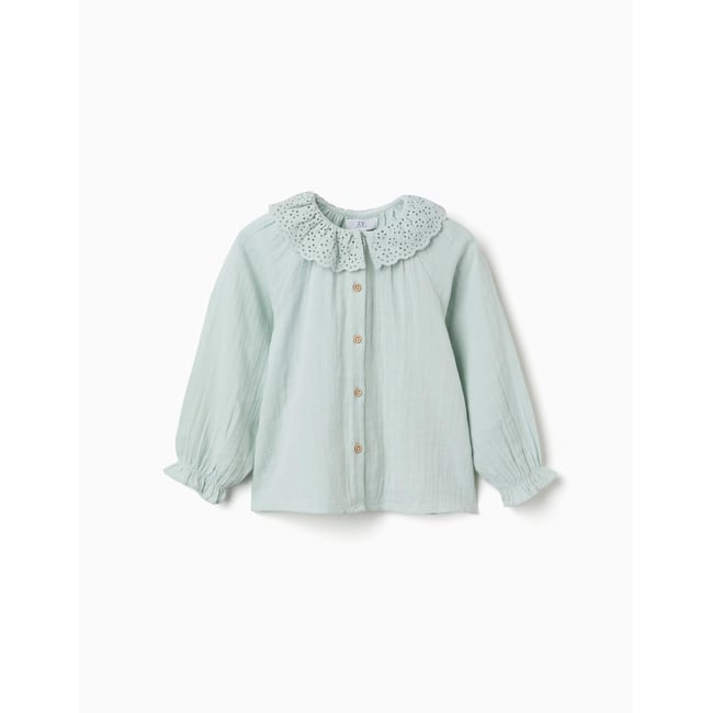 Chemise en coton à broderie anglaise et volants bleu clair <span itemprop=