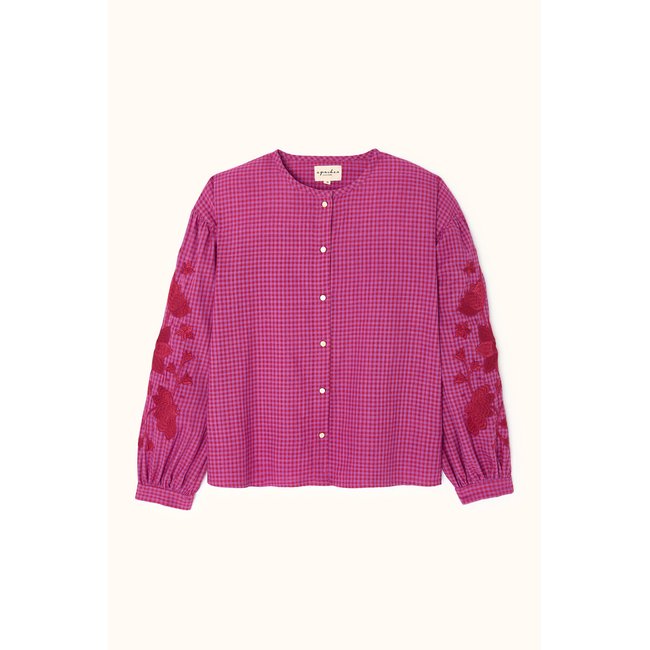 Karierte Bluse mit bestickten langen Ärmeln, BINU rosa kariert <span itemprop=