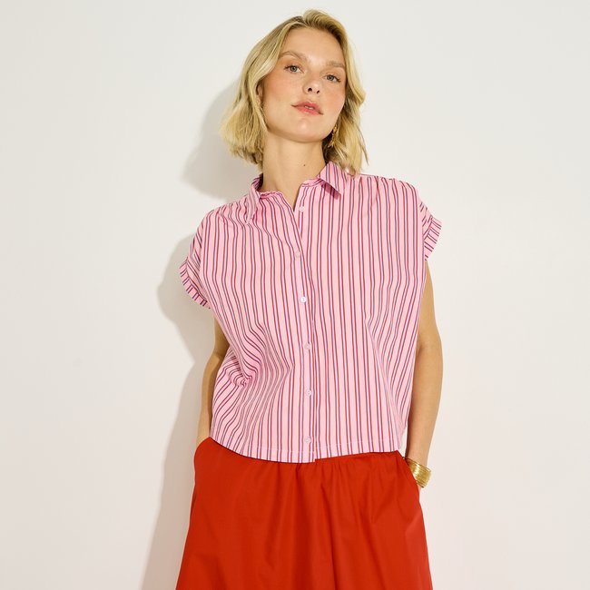 Chemise courte à rayures rose <span itemprop=
