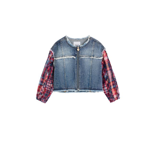 Veste en jean à carreaux bleu clair <span itemprop=