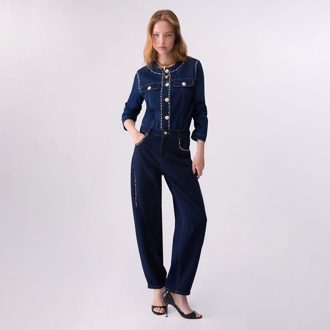 Jean taille haute avec strass délavage normal <span itemprop=