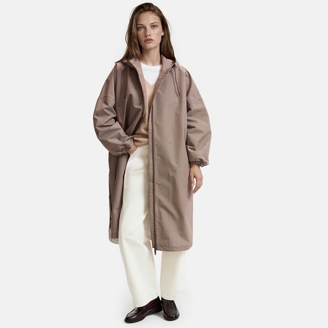 Gingham Print Long Hooded Windbreaker, gingham checks, LA REDOUTE COLLECTIONS