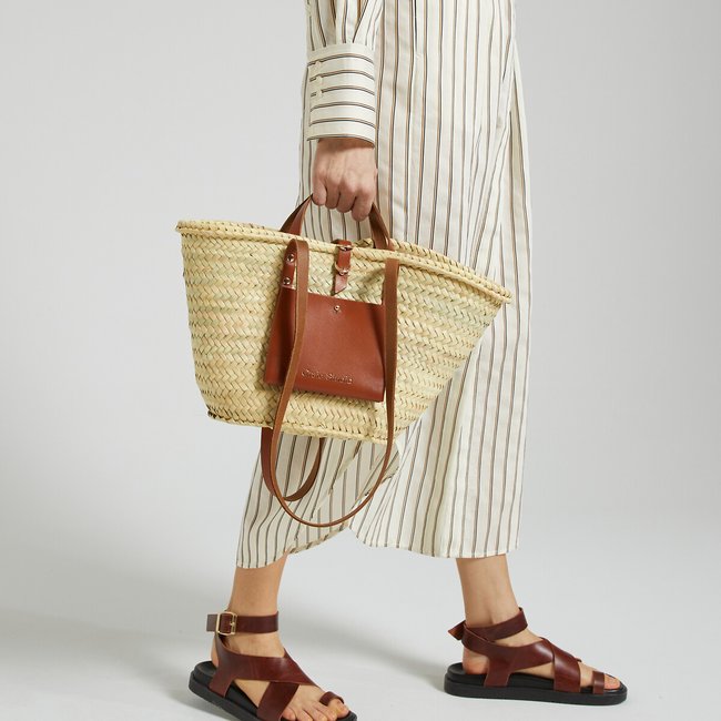 Panier Basket Bag with Tan Pouch in Doum Palm Tree Leaves/Leather, camel, CRAIE STUDIO