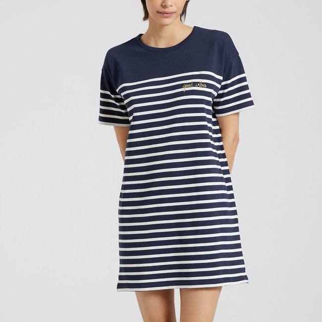 Vestido estilo marinheiro bordado, GOOD VIBES marinho <span itemprop=