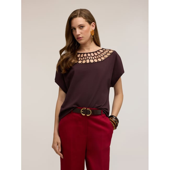 T-shirt avec finition effet dentelle marron <span itemprop=