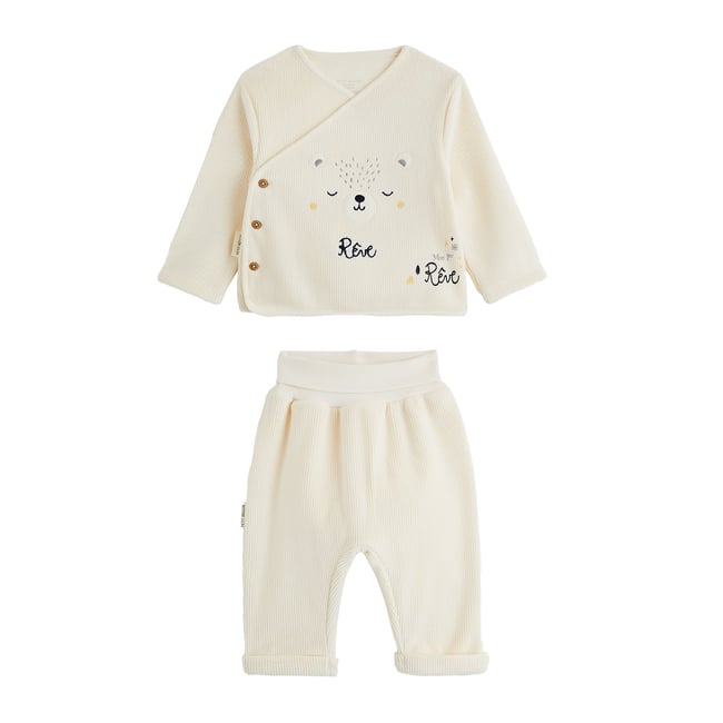 Ensemble bébé gilet croisé et pantalon en velours Flocon ecru <span itemprop=