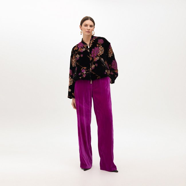 Bomber ample floral à manches longues en velours noir <span itemprop=