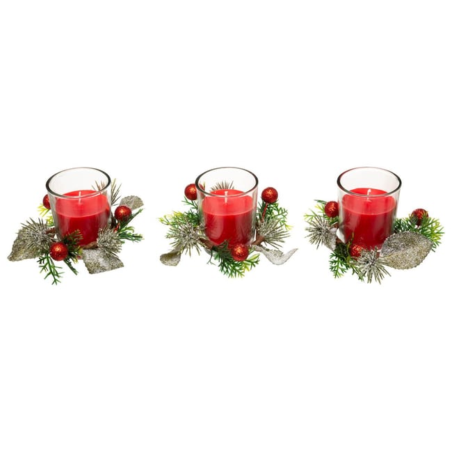 Bougie trio centre de table avec feuilles décos 180 gr rouge Couleur rouge <span itemprop=