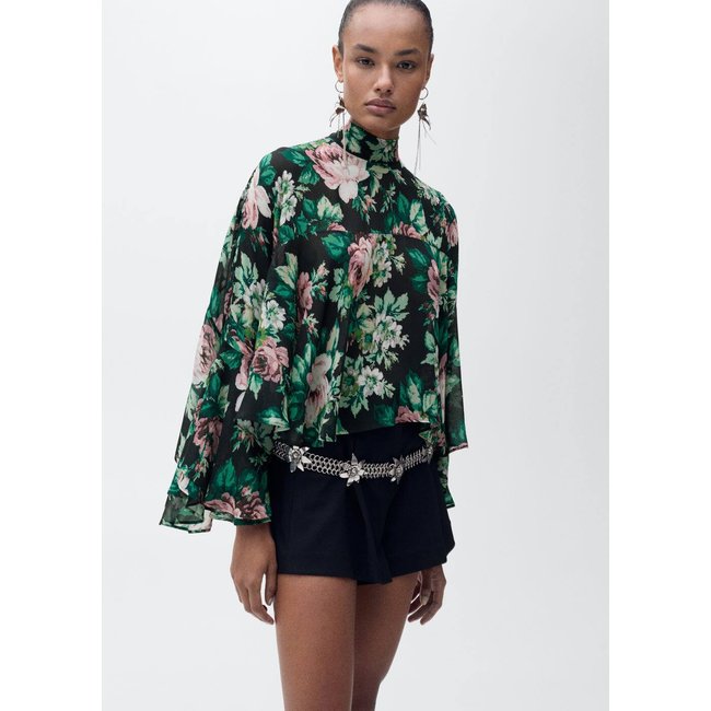 Chemisier à col montant imprimé fleuri noir <span itemprop=