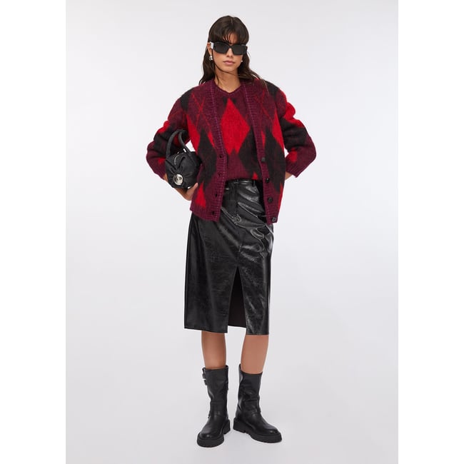Cardigan à losanges en laine et alpaga rouge <span itemprop=