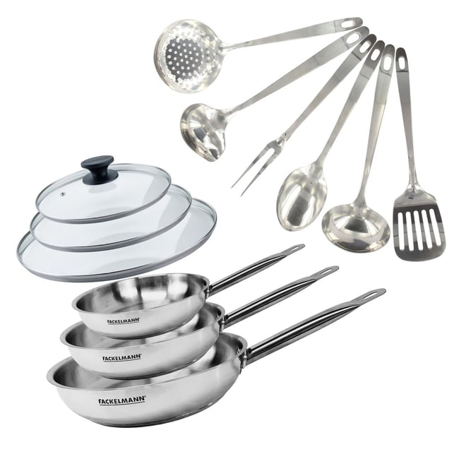 Set de 3 poêles 20, 24 et , 3 couvercles verre ETERNA inox <span itemprop=