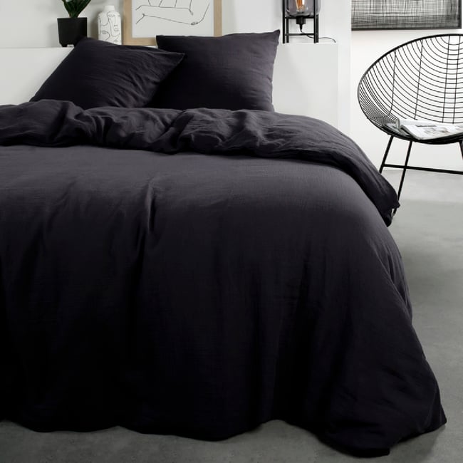 Parure de lit gaze de coton 2 personnes uni LINA gris <span itemprop=