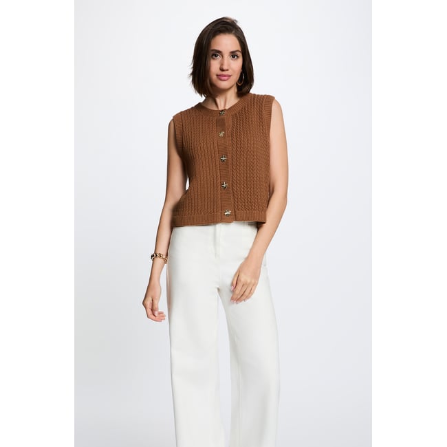 Pull sans manches camel <span itemprop=