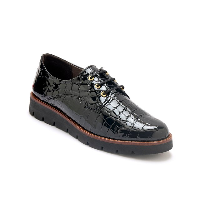 Derbies lacés vernis façon croco noir <span itemprop=