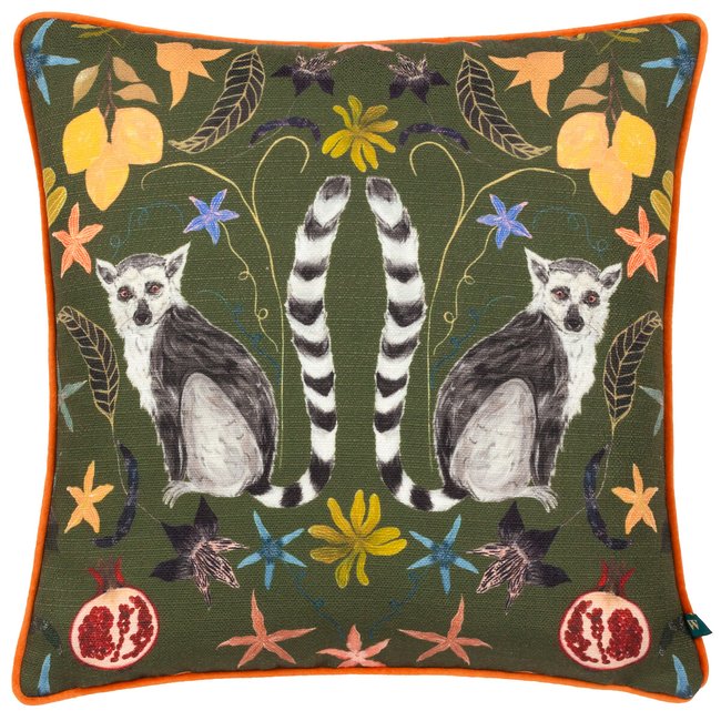 Lemurs Piped Velvet Cushion, emerald, WYLDER