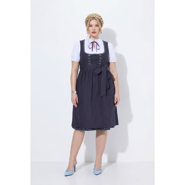 Dirndl en lin mélangé, fleurs, col carré violet foncé <span itemprop=