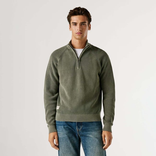 Pull À Col Montant Avec Demi-Fermeture Éclair vert olive <span itemprop=