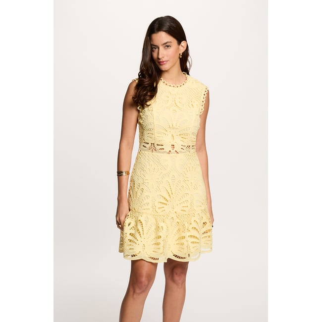 Robe courte trapèze dentelle jaune clair <span itemprop=