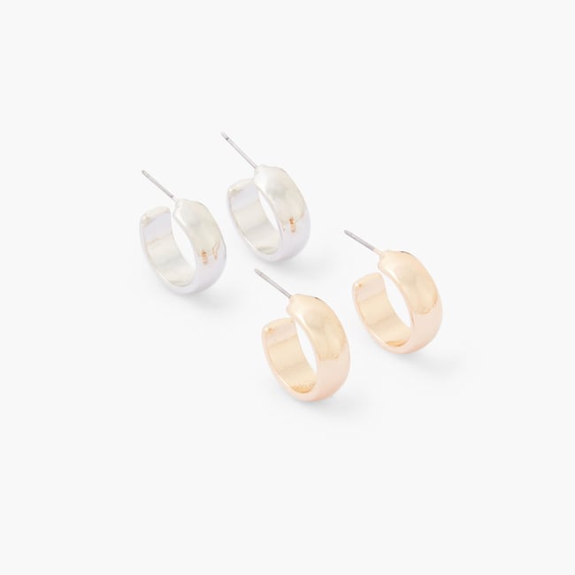 Set de 2 paires de petites créoles épaisses dorées et argentées argenté <span itemprop=