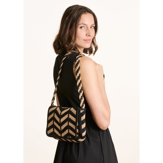 Sac besace en jute à motif beige/noir <span itemprop=