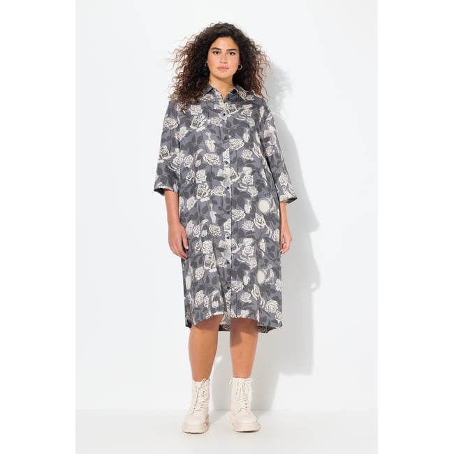 Robe chemisier coupe évasée, poches gris <span itemprop=