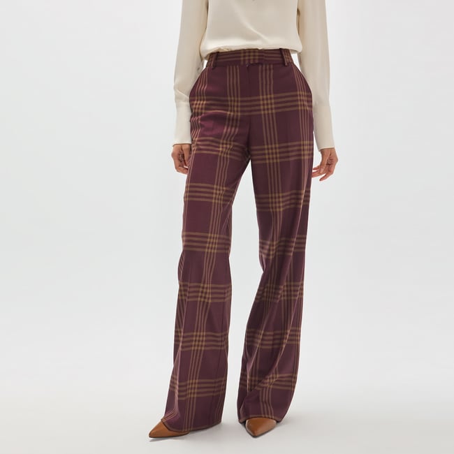 Pantalon large à carreaux taille haute bordeaux <span itemprop=