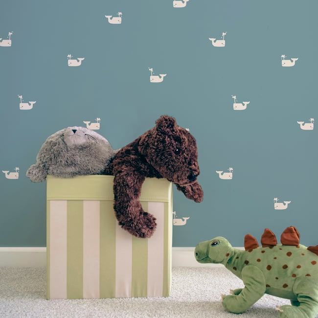 Papier peint bébé baleine Couleur bleu, blanc cassé <span itemprop=
