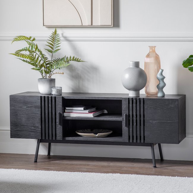 Bokaro Oak Slatted TV Unit with Shelf, black, SO'HOME