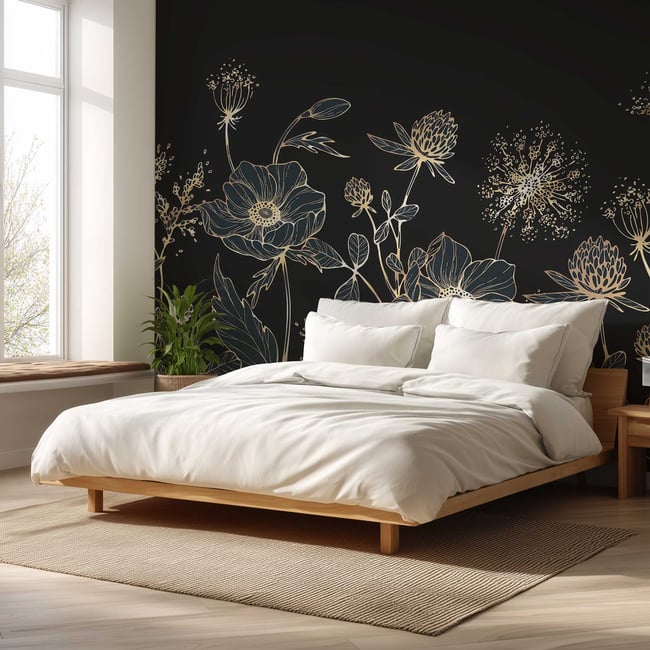 Papier peint fleurs sauvages dorées fond bleu nuit élégant Couleur bleu <span itemprop=