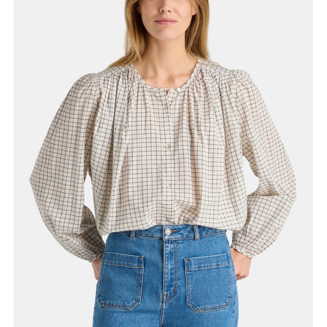 Chemise amande check en coton bio bleu et écru <span itemprop=