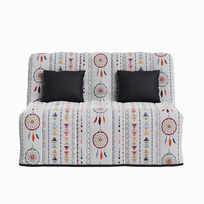 Banquette convertible GAIA BZ , couchage 160x200, avec 2 coussins OFFERTS, Coton noir Couleur blanc à motifs <span itemprop=