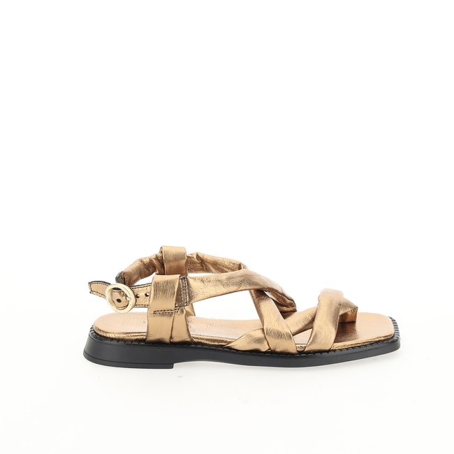 Sandales plates en cuir, bout carré doré <span itemprop=