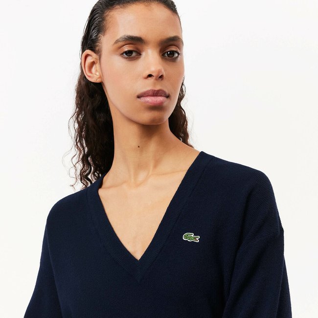 Pull col v en laine unie Lacoste La Redoute