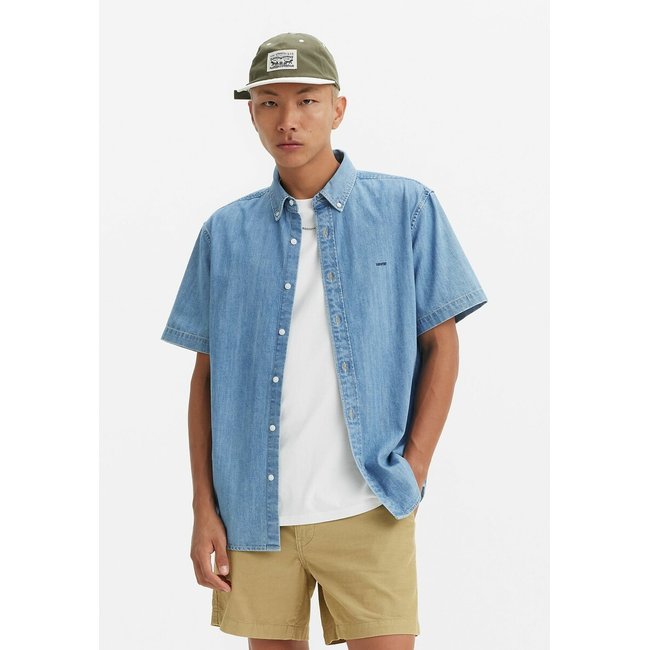 Chemise manches courtes authentique bleu moyen <span itemprop=