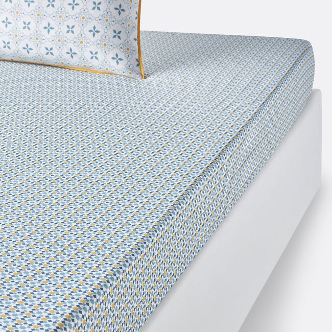 Drap-housse pur coton, Teyben imprimé bleu <span itemprop=