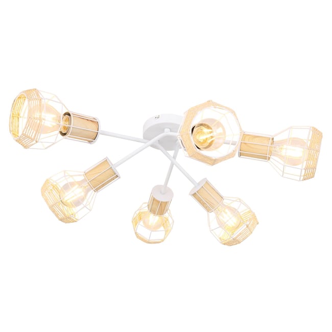 Plafonnier rond 6 spots en métal et bois avec corde BANA Couleur blanc <span itemprop=